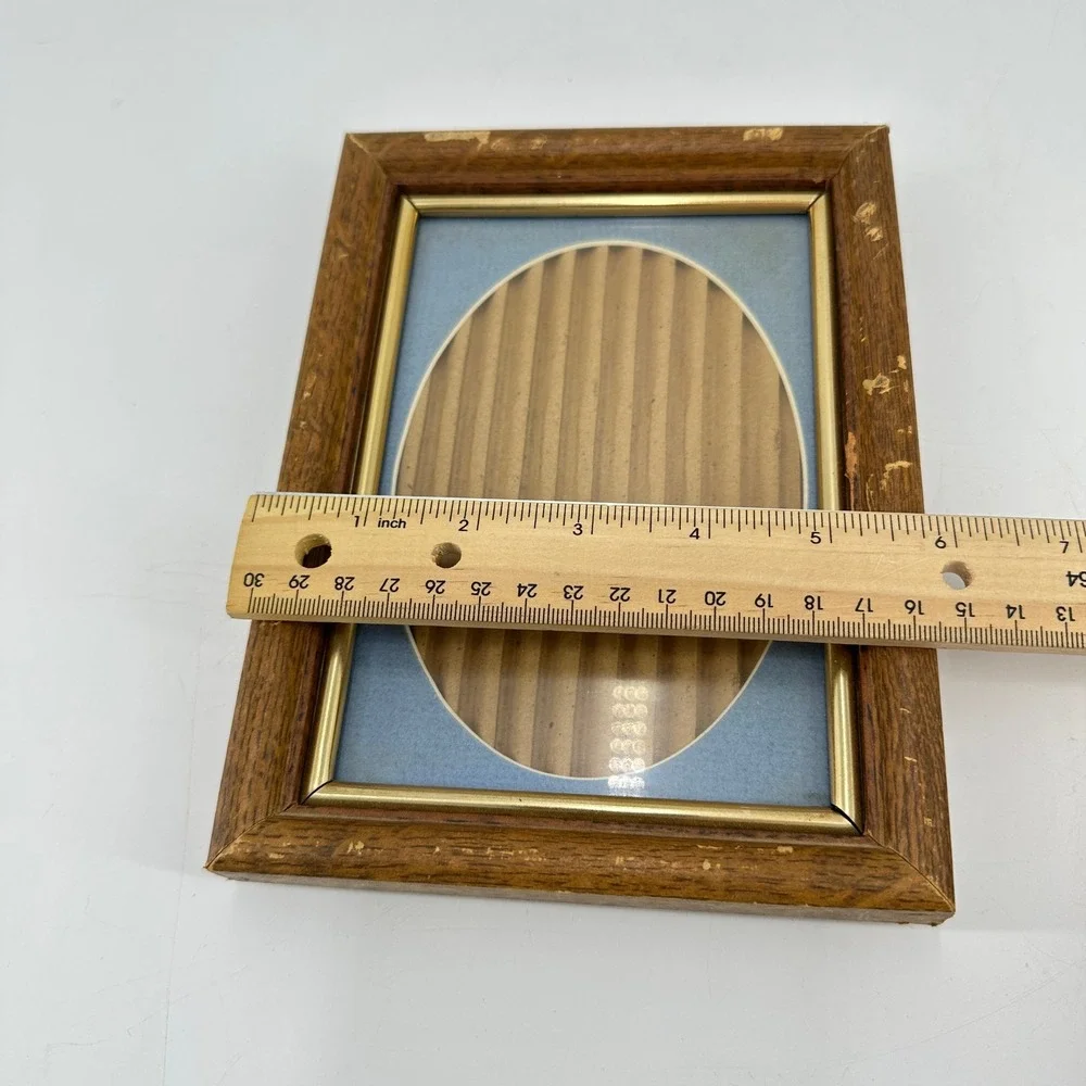 Vintage Wood Picture Frame Blue Oval Mat Gold Trim 5x7 Distressed Rustic Decor